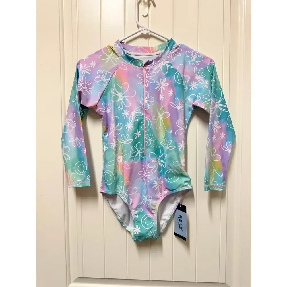 Girls Long Sleeve Swimsuit One Piece with Zip Closure UPF 50+ Rash Guard Size 12